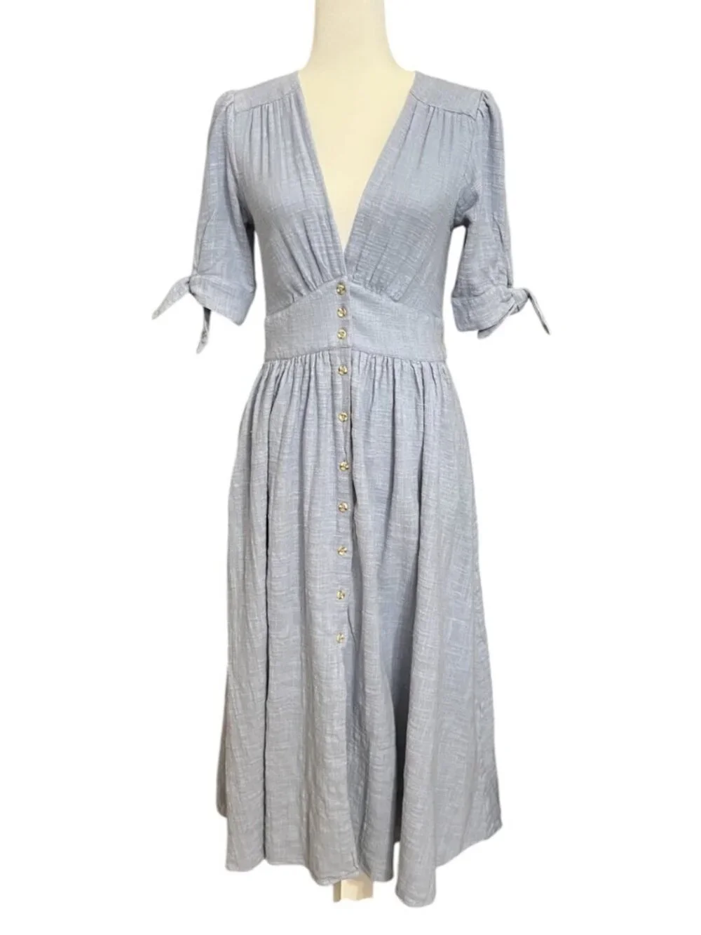 Free People Blue Button Down Midi Dress Women's Size S Puff Sleeve Cotton